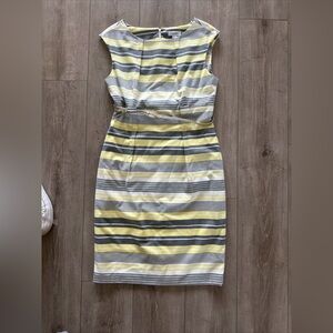 Calvin Klein Gray Yellow & White Striped Dress Black Belt Lined Sleeveless Sz 10